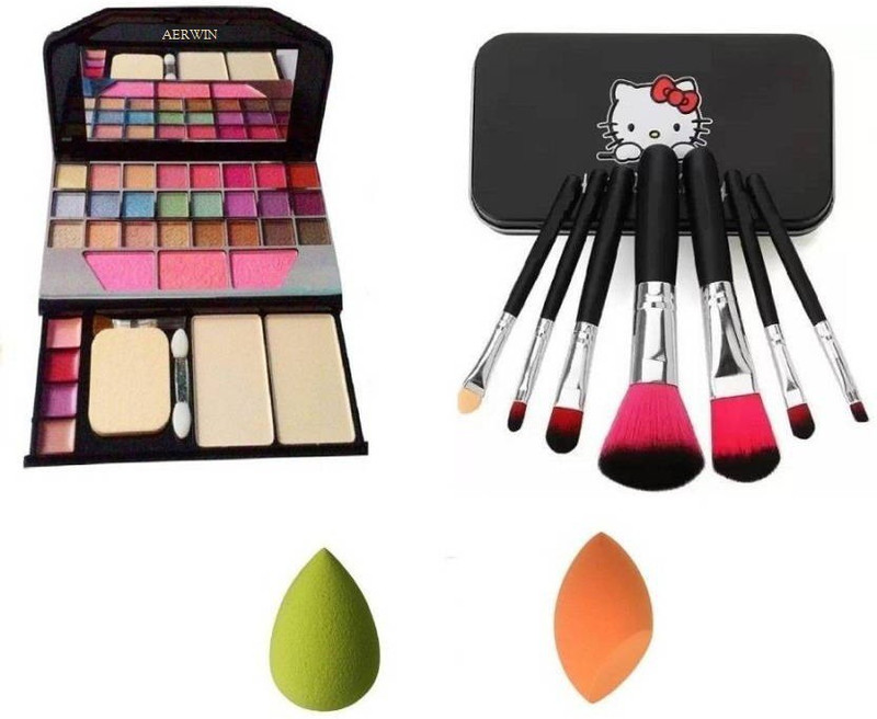 aerwin Make up Kit Mini Laptop + Hello Kitty Make Up Brush Set Of 7 (Black) + 2 Puff(4 Items in the set)