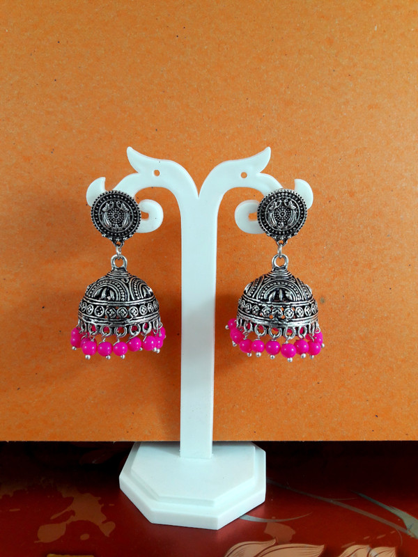 hex rex Oxidised jhumki with pink plastic beads Metal Jhumki Earring