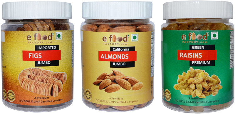 e food factory Imported Figs Jumbo,Almonds Jumbo&Raisins (250gm Each) Almonds, Figs, Raisins Mason Jar(3 x 250 g)