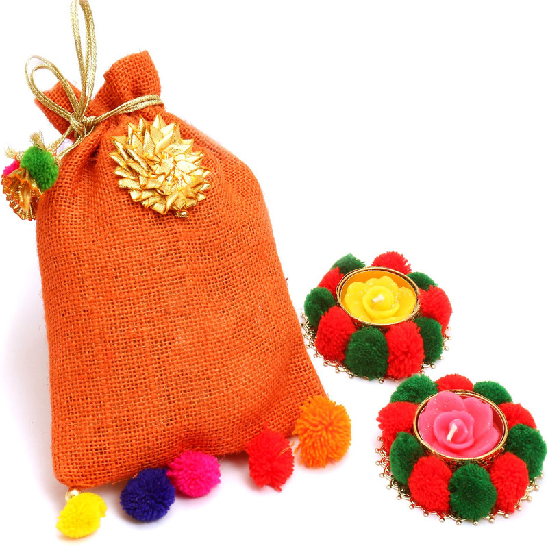 Ghasitaram Gifts Chocolate Hampers-Colourful Englsih Brittles Chocolate Hampers Pouch with 2 T-lites Combo(3)