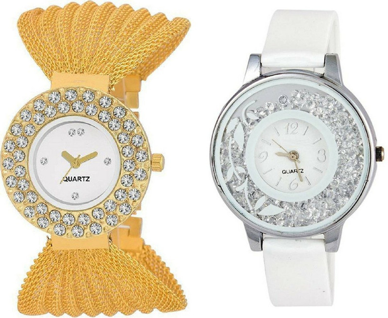 vk sales Golden & Wite Quartz Analogue New Collecton | Combo Of 2 Watch | Amazing White Dial | Professional Look | Nice Case with Diamond | Golden Steel Belt | Casual | Party & Wedding Wear Analog Watch  - For Girls