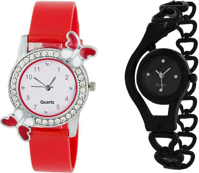 vk sales Red Butterfly & Chain Watch | Exclusive Watch | Stylish | Combo Of 2 Watch | Analogue Dail | Quartz Watch | Trendy & Cute Watch | Steel & Leather Belt | Perfect | Casual | Party & Wedding Wear Analog Watch  - For Girls