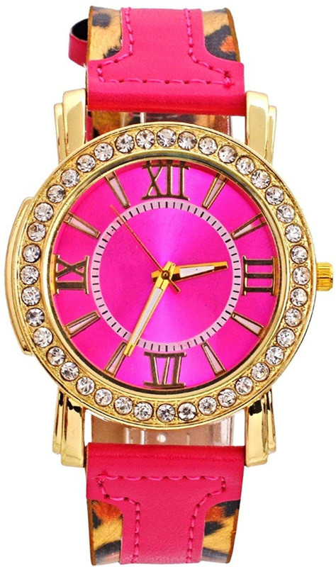 Genevaa Stylish Crystals Studded Classic Pink Leopard Print Strap Designer Analog Watch - For Women Genevaa Stylish Crystals Studded Classic Pink Leopard Print Strap Designer Analog Watch - For Women