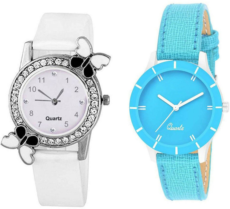 vk sales White Butterfly & Blue Cut Glass Exclusive Watch | Blue & White Dial | Cool Leather Belt | Daimond Quartz Case | Combo of 2 Piece Watch | Fabulous Design | Casual Look | Fancy Colorful | Party & Wedding Wear Analog Watch  - For Girls