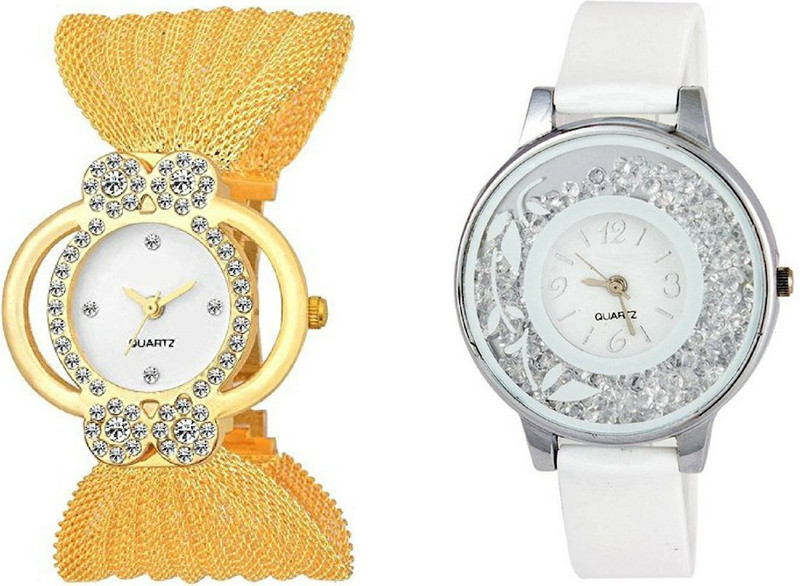 vk sales Golden & White Quartz Analogue New Collecton | Combo Of 2 Watch | Amazing Black Dial | Professional Look | Nice Case with Diamond | Golden Steel Belt | Casual | Party & Wedding Wear Analog Watch  - For Girls