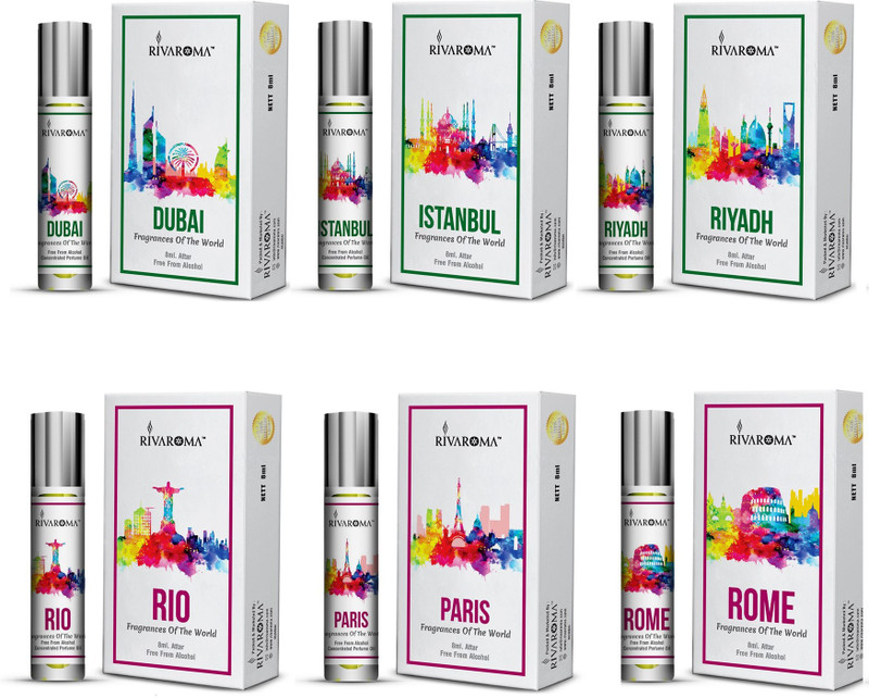 Rivaroma Roll On Set Of 6 ( DUBAI , RIYADH , ISTANBUL , ROME , PARIS , RIO ) Each 8 ml Floral Attar(Floral)