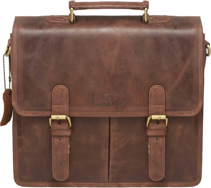 Leaderachi 100% GENUINE HUNTER LEATHER LAPTOP BRIEFCASE BAG [PARMA] Summer Sale Special Medium Briefcase - For Men & Women(CREAZY)