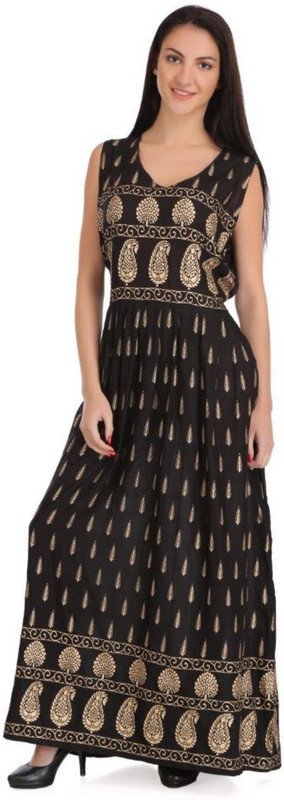 hues moda Women Maxi Black, Gold Dress