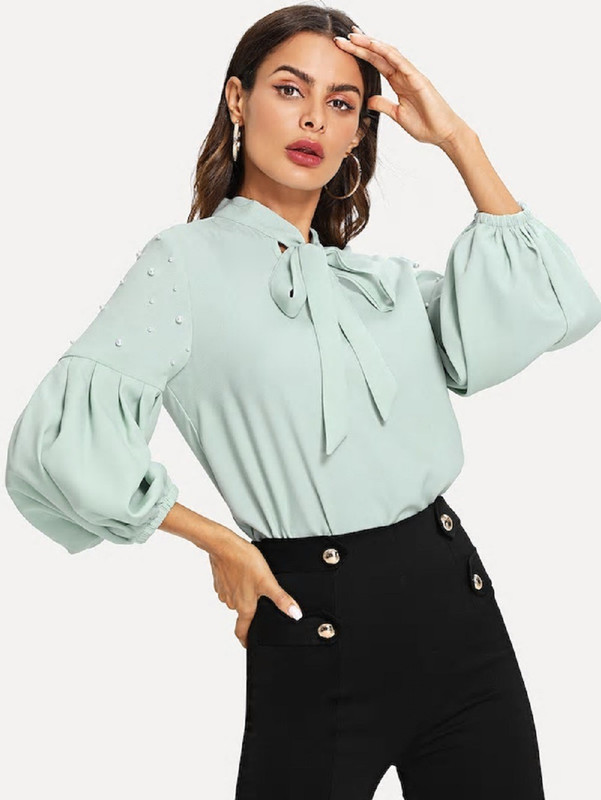 poison ivy Party Puff Sleeve Solid Women Light Green Top