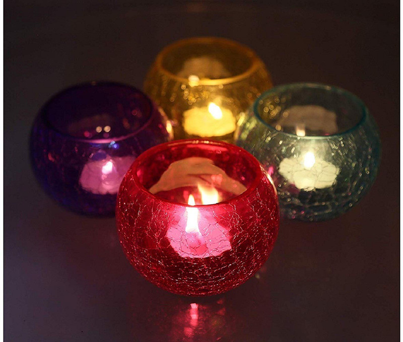 zart Royal Crack Shape Glass Tea Light Candle Holder Glass Tealight Holder Set(Multicolor, Pack of 4)