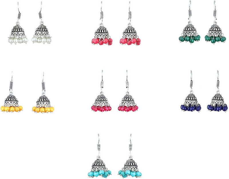mystigo Multicolor Stylish Oxidised Silver-Plated Latest Combo of 7 Jhumki Earrings For Women - 1 for each weekday Traditional RSNMFER005 (Jhumki Combo of 7 Color Beads Earrings for girls) Beads Brass Jhumki Earring