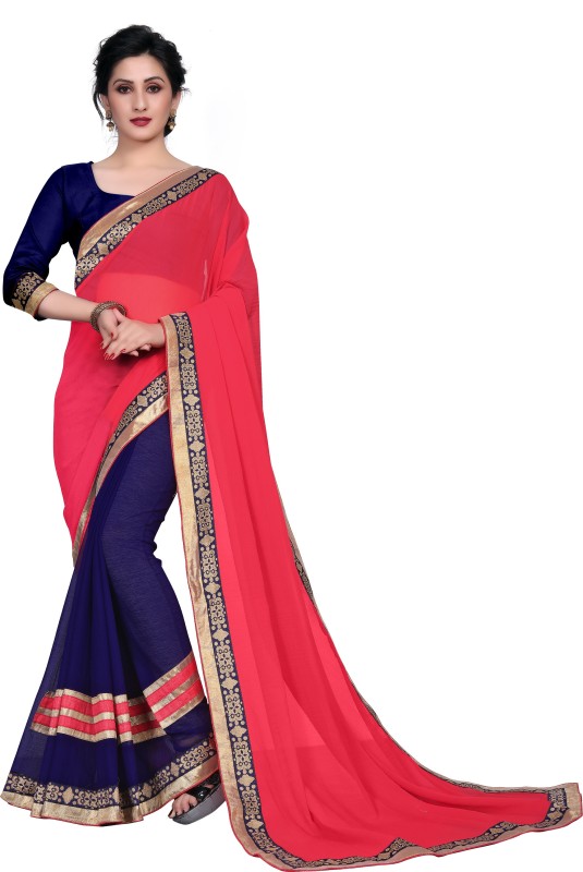 Aai shree khodiyar Self Design Banarasi Poly Georgette Saree(Pink, Blue)