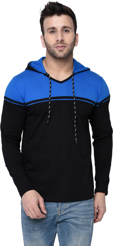 fenoix Color block Men Hooded Blue, Black T-Shirt