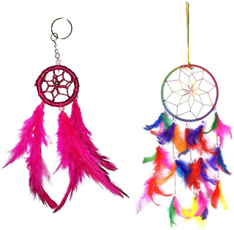 vyne Pack Of 2 Magenta Color Dream Catcher Key Ring & Single Ring Multi Color Dream Catcher Wool Windchime(4 inch, Multicolor)