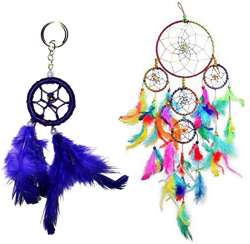 vyne Pack Of 2 Purple Color Dream Catcher Key Ring & 5 Ring Multi Color Dream Catcher Wool Windchime(5 inch, Blue, Orange, Green, Pink, Yellow)