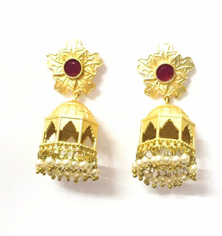 shre jewellery High quality matt polish designer pink stone pearl hanging jhumki Copper Jhumki Earring