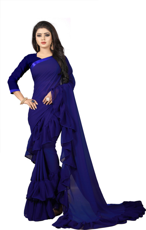 fashion day Solid Fashion Poly Georgette Saree(Dark Blue)