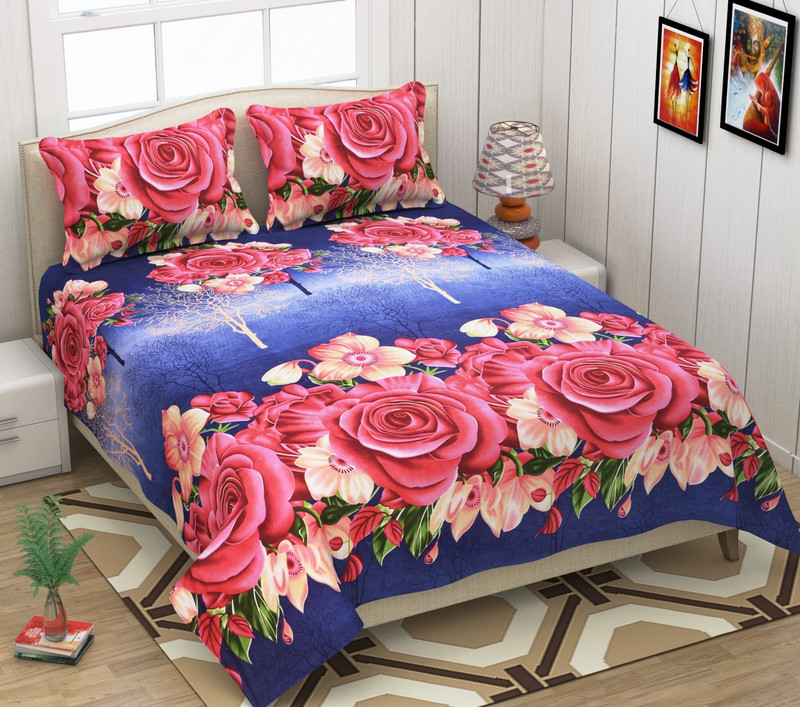 anticca 144 TC Polycotton Double Floral Bedsheet(Pack of 1, Blue Rose)