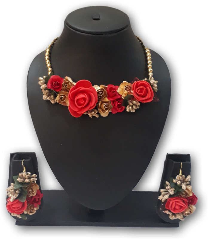 vrinda floral jewellery Paper Jewel Set(Red, Gold)