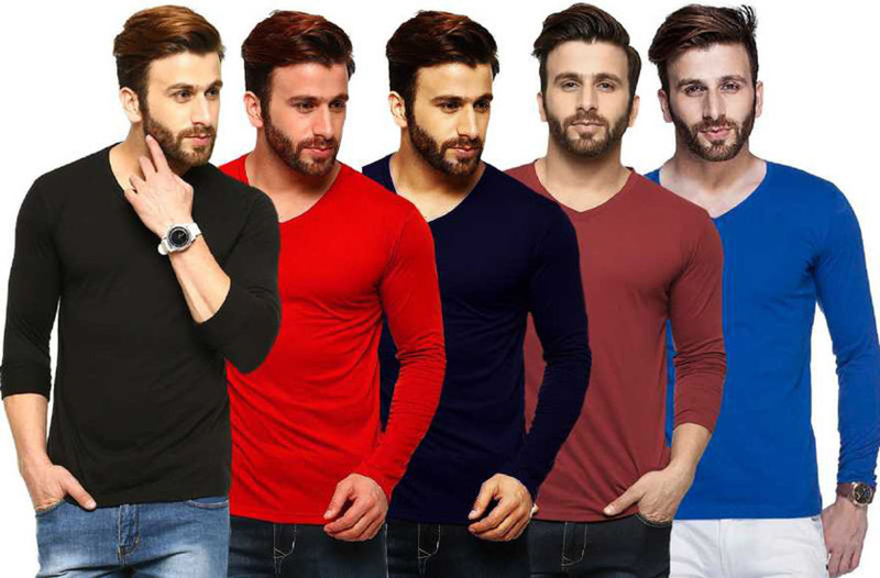 jolster Solid Men V Neck Red, Black, Blue, Maroon, Dark Blue T-Shirt(Pack of 5)