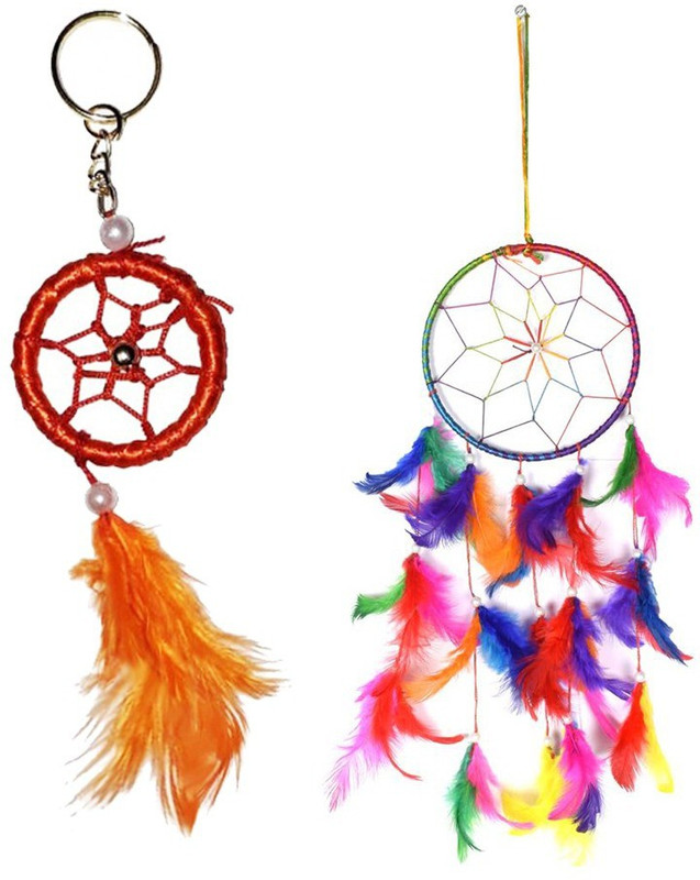 vyne Pack Of 2 Orange Color Dream Catcher Key Ring & Single Ring Multi Color Dream Catcher Wool Windchime(4 inch, Multicolor)