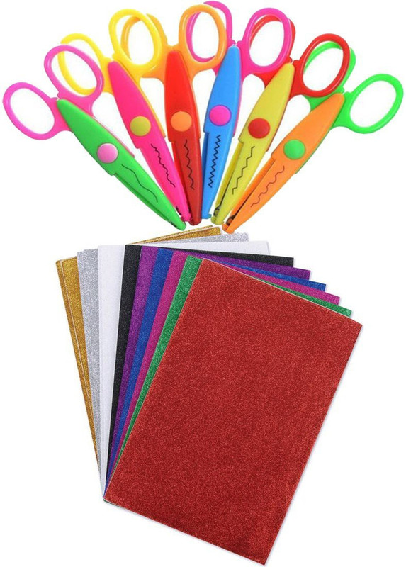puffy Multicolor Glitter Foam Sheet - A4 Size Set of 10 Sheets with Zigzag Scissor