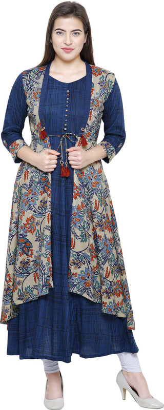 sonia collection Women Printed Flared Kurta(Blue, Beige, Red)