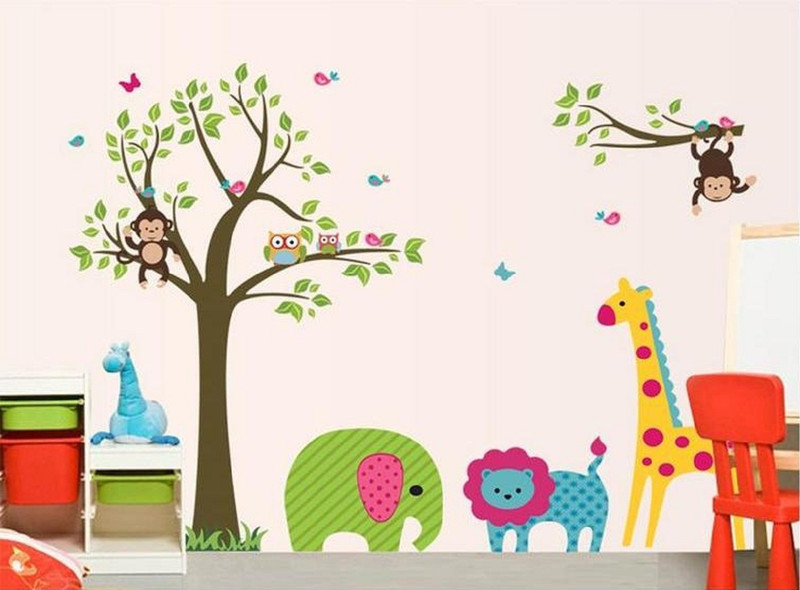 crayowns Medium Latest Stylish Cartoon Jungle Green Leaves Tree Bird PVC Vinyl Wall Sticker for Kids Room  Sticker(Pack of 1)