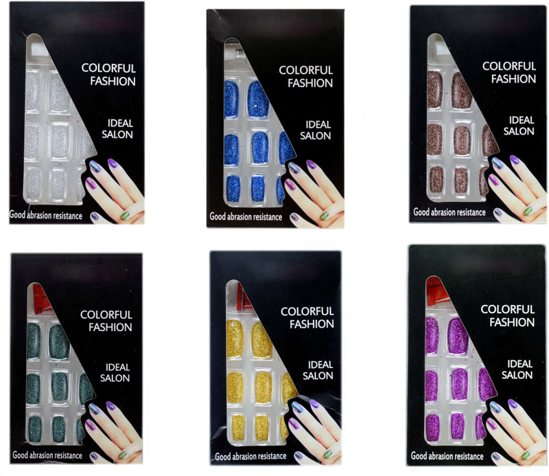 savni combo of 6 packs of Coloured glitter artificial acrylic nails extensions with glue 01 Multicolour(Pack of 12)
