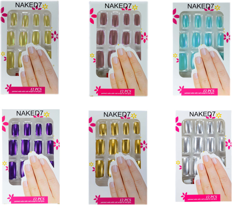 savni combo of 6 packs of Coloured mirror artificial acrylic nails extensions with glue Multicolour(Pack of 12)