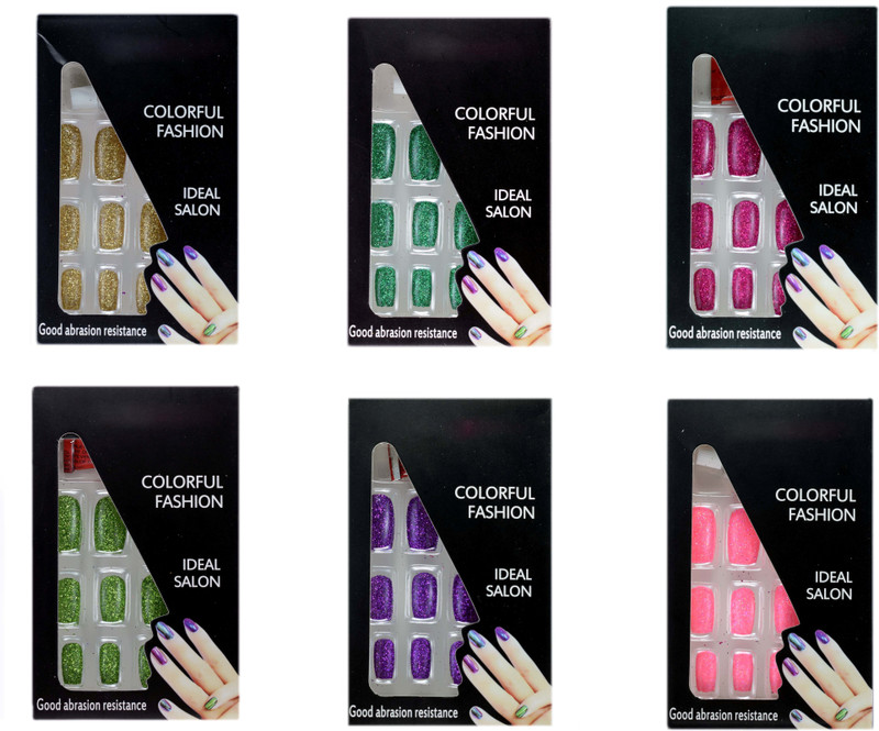 savni combo of 6 packs of Coloured glitter artificial acrylic nails extensions with glue 02 Multicolour(Pack of 12)