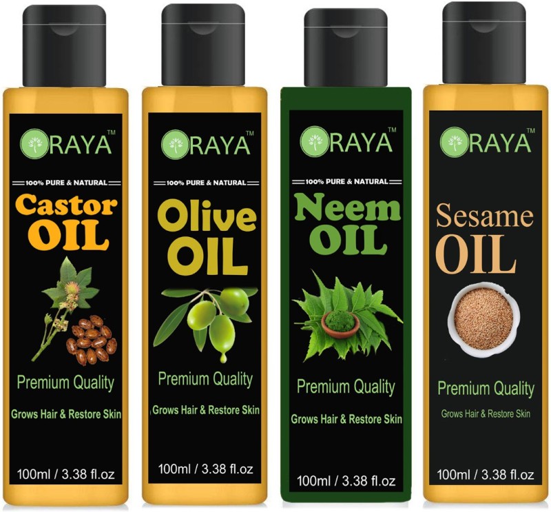 ORAYA 100% Pure & Natural Cold Pressed Castor Oil And Virgin Olive OIL And Neem Oil & Sesame Oil For Hair Growth, Hair Massage Oil-(100ml)-Pack of-4-Bottle-(400ml) Hair Oil-(400ml)-Combo-(400ml)(400 ml)