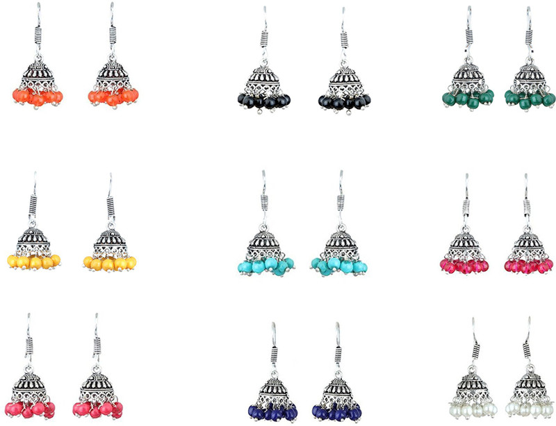 mystigo Designer Multicolor Stylish Oxidised Silver-Plated Latest Combo of 9 Jhumki Earrings For Women Traditional RSNMFER004 (Jhumki Combo of 9 Color Beads Earrings for girls) Beads Brass Jhumki Earring