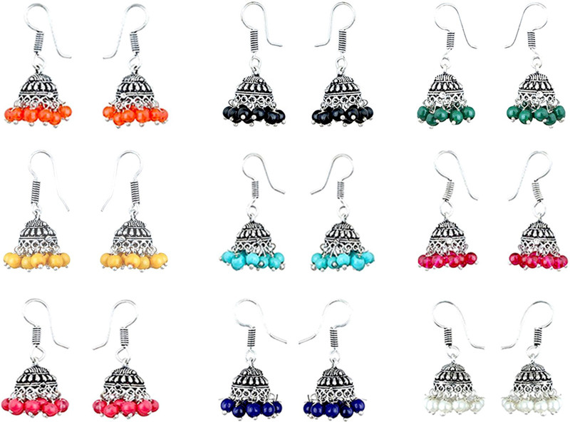 ijuels Live Young live Free Nine Beautiful Jhumkis Combination For Party wear, Office wear, daily wear, trendy Collection Combo Beads Brass Jhumki Earring