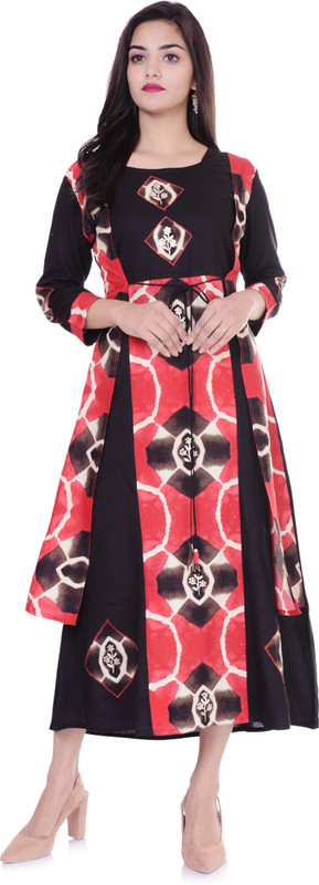 rashi collections Casual Printed Women Kurti(Black, Pink)