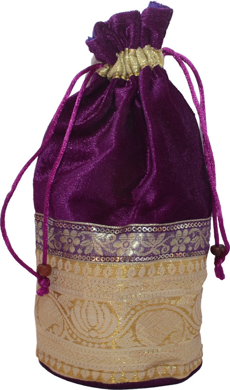 fashionista kreations VELVET PURPLE COLOUR POTLI WITH DRAW STRING AND GOLDEN COLOUR EMBROIDERY Potli(Purple, Gold)