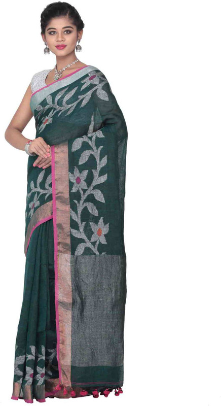 keya seth exclusive Printed Handloom Cotton Linen Blend Saree(Green)