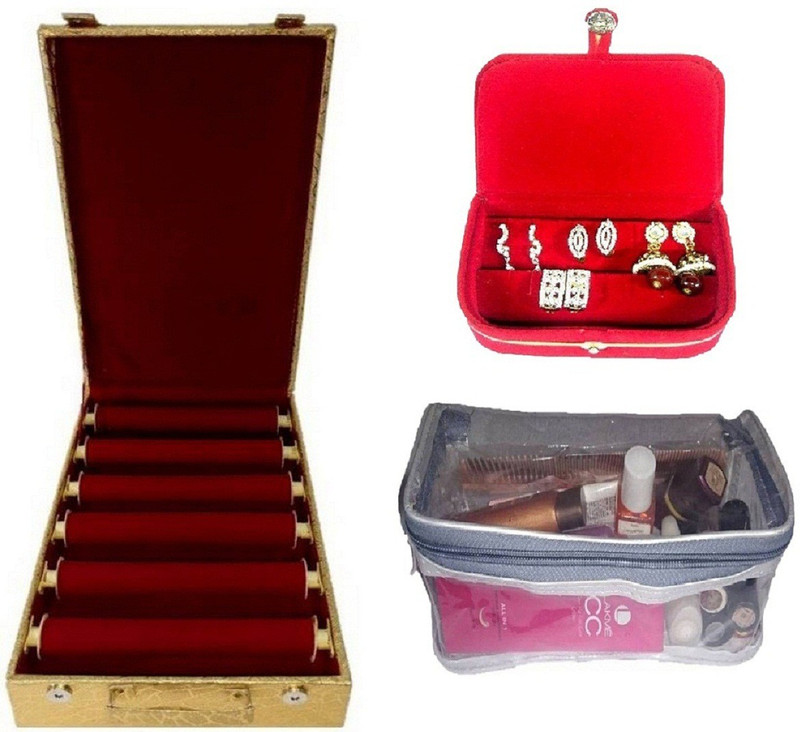 ultimatefashionista combo of 6 roll rod bangle box vanity box wooden bangle storage box blue red ring earring box brocade jewellery kit vanity case jewellery bangle box vanity box vanity box Vanity Box  (Maroon, Red, Pink, plastic, Blue, golden) vanity box Vanity Box(Multicolor)