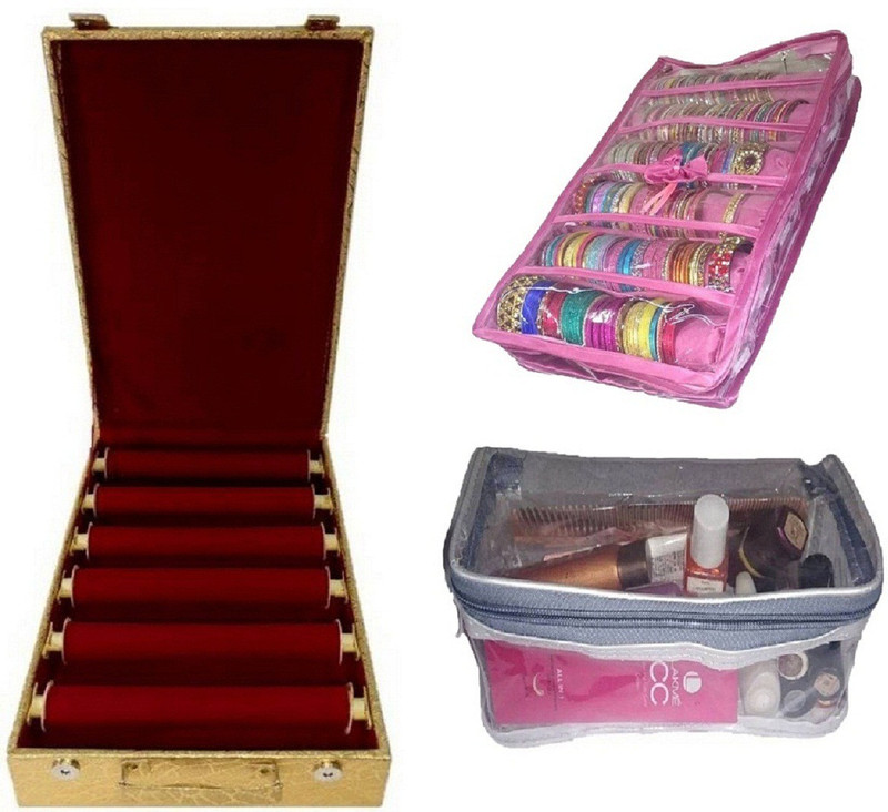 ultimatefashionista combo of 6 roll rod bangle box vanity box wooden bangle storage box six rolla and hanky box brocade jewellery kit vanity case jewellery bangle box  ( Pink, plastic, golden) vanity box Vanity Box(Multicolor)