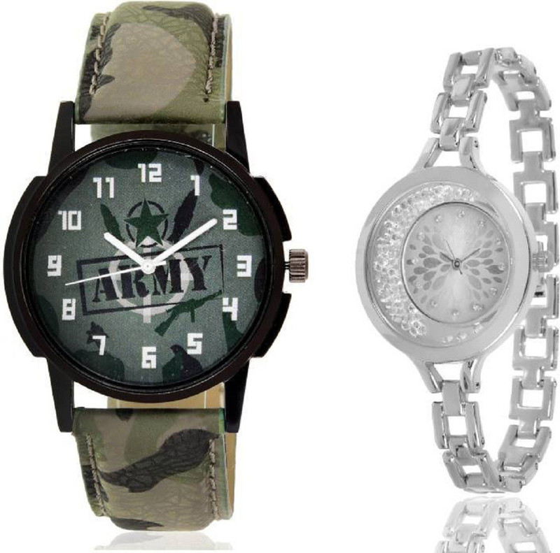 hrv Silver moving diamond beads in dial watch with green army pattern military sport watch for couple men and women Watch Analog Watch  - For Men & Women