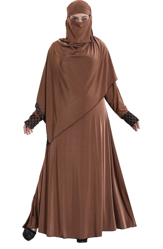 TUCUTE BROWN124 Lycra Blend Solid Abaya With Hijab(Brown)