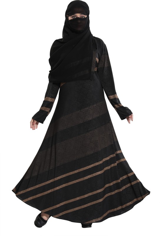 TUCUTE BLACK GOLD 50 Lycra Blend Striped Abaya With Hijab(Black)
