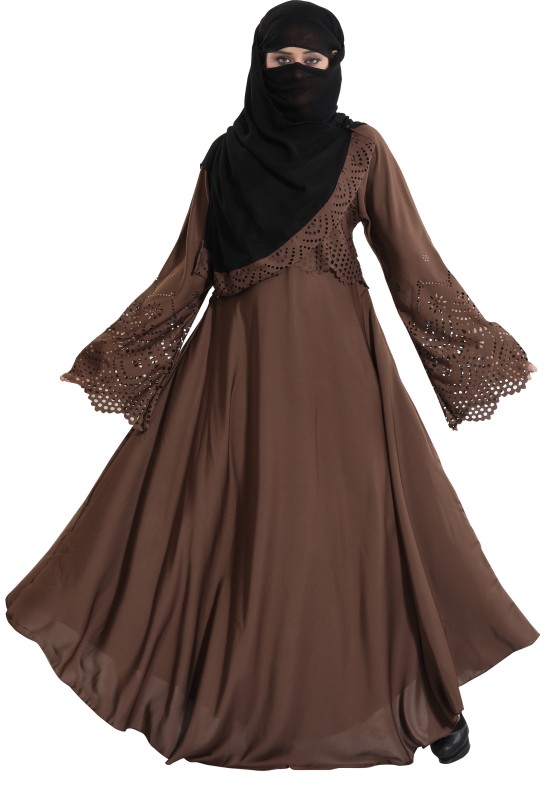 TUCUTE DARKROWN88 Lycra Blend Solid Abaya With Hijab(Brown)