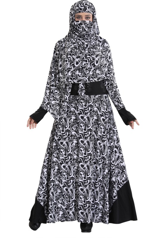 TUCUTE BLACKWHITE26 Lycra Blend Printed Abaya With Hijab(Black)