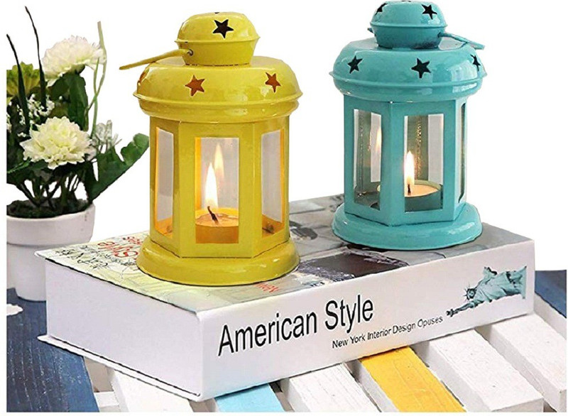 zart Hanging Lantern Designer Tea light Holder with 2 Tea light Candles Iron Tealight Holder Set(Multicolor, Pack of 2)