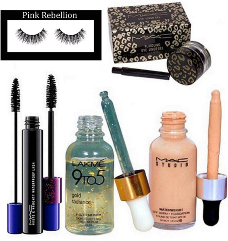 pink rebellion Eyelashes, Studio water weight Foundation & Haute and Naughty Double Effect Mascara and Gel Eyeliner, gold Radiance Face Serum(Set of 5)
