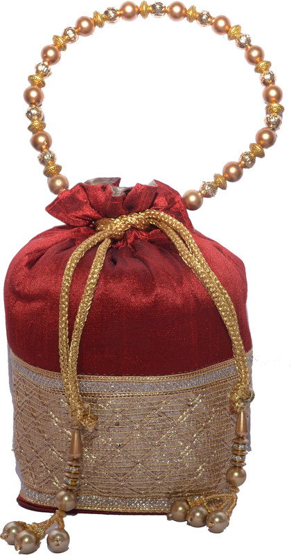 fashionista kreations SILK RED COLOUR POTLI WITH DRAW STRING AND GOLDEN COLOUR EMBROIDERY Potli(Red, Gold)