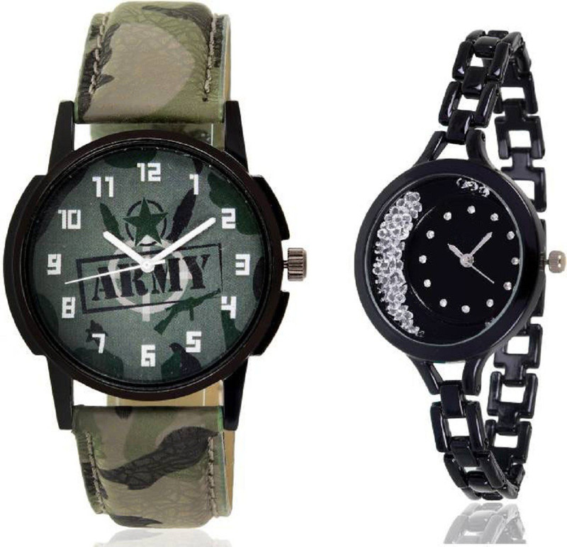 hrv Black moving diamond beads in dial watch with green army pattern military sport watch for couple men and women Watch Analog Watch  - For Men & Women
