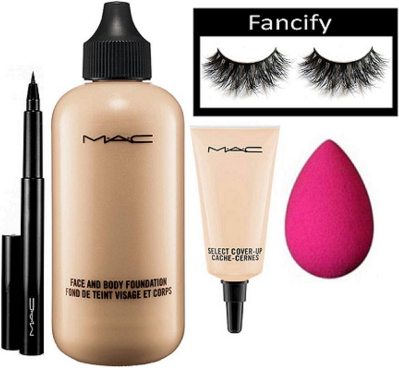 fancify Eyelashes, Face and body foundation, select coverup concealer, pen eyeliner with sponge puff(Set of 5)