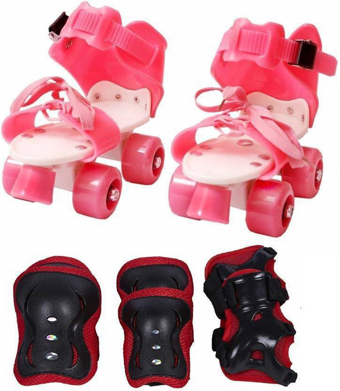 jskcollection Roller Skating Knee Elbow Palm Protective Pads & Adjustable Roller Skating Shoes Front Brakes Kids Skates Quad Roller Skates Quad Roller Skates Quad Roller Skates - Size 4-8 UK(Pink)
